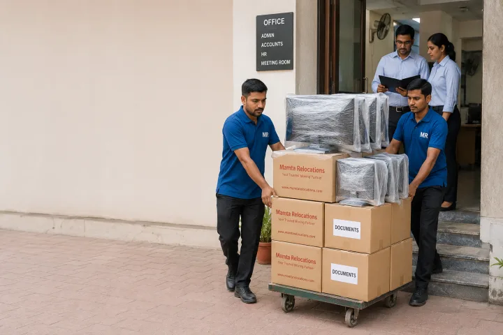 Movers rolling a stacked trolley of wrapped monitors and labelled document cartons out of a modest Indian office entrance while staff coordinate