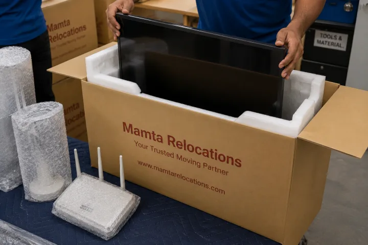 A flat-screen TV being lowered into a custom foam-lined carton, a router and LED lamp already bubble-wrapped beside it — Mamta Relocations
