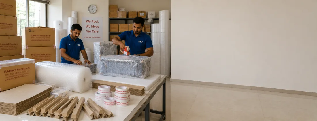 Table of premium packing materials in active use — rolls of bubble wrap, foam sheets, corner protectors, branded tape and cartons mid-pack