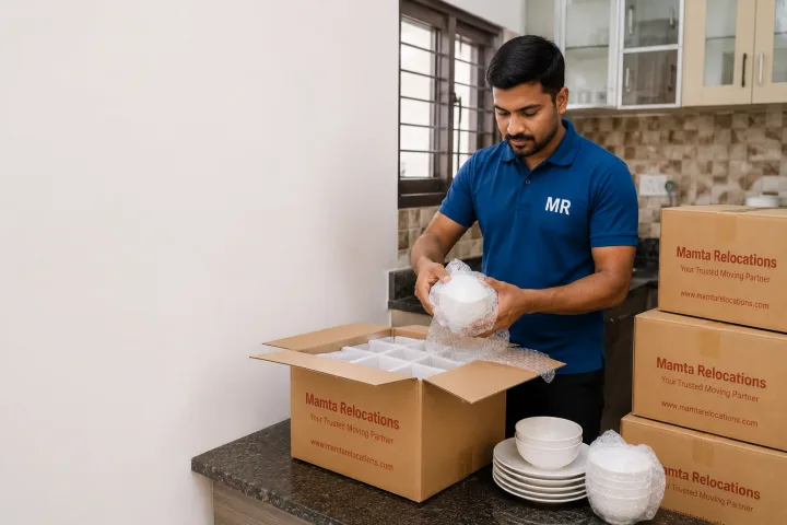 Trained packer wrapping crockery in bubble wrap at a kitchen counter, an open carton with foam dividers beside neatly stacked sealed boxes