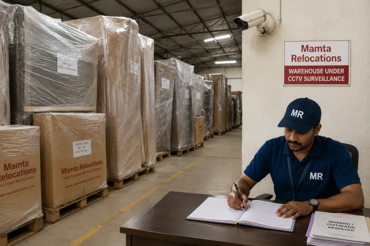 Warehouse aisle of shrink-wrapped furniture on wooden pallets with a visible mounted CCTV camera, a uniformed guard noting entries in a register