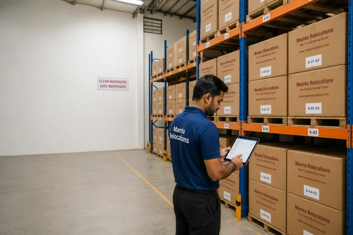 A clean Indian storage warehouse with labelled cartons stacked on steel pallet racks, a supervisor checking goods against an inventory tablet